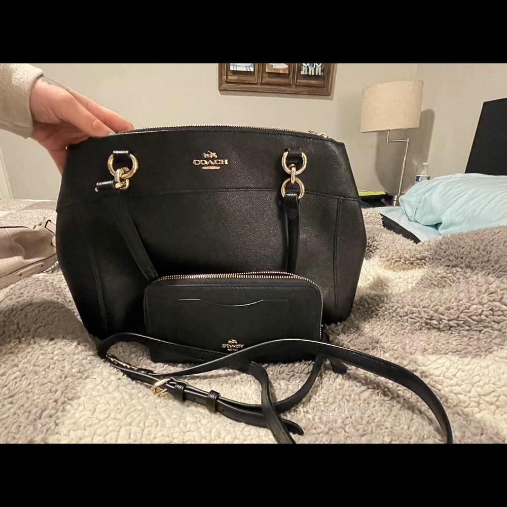 Black Coach handbag with matching wallet